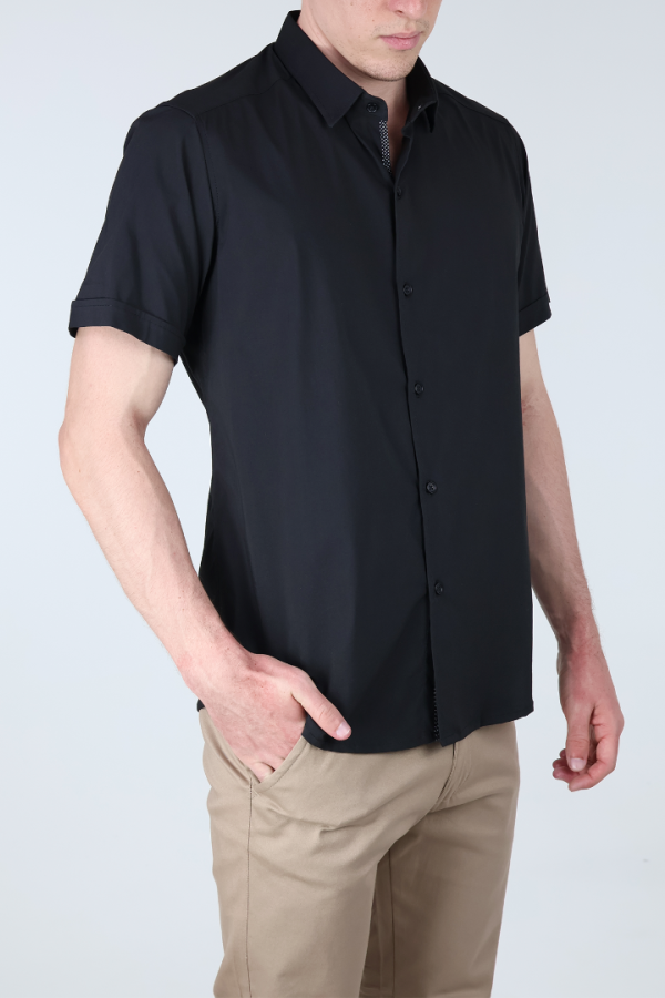 Camisa Negra Manga Corta Slim Fit Lisa Casual Para Hombre